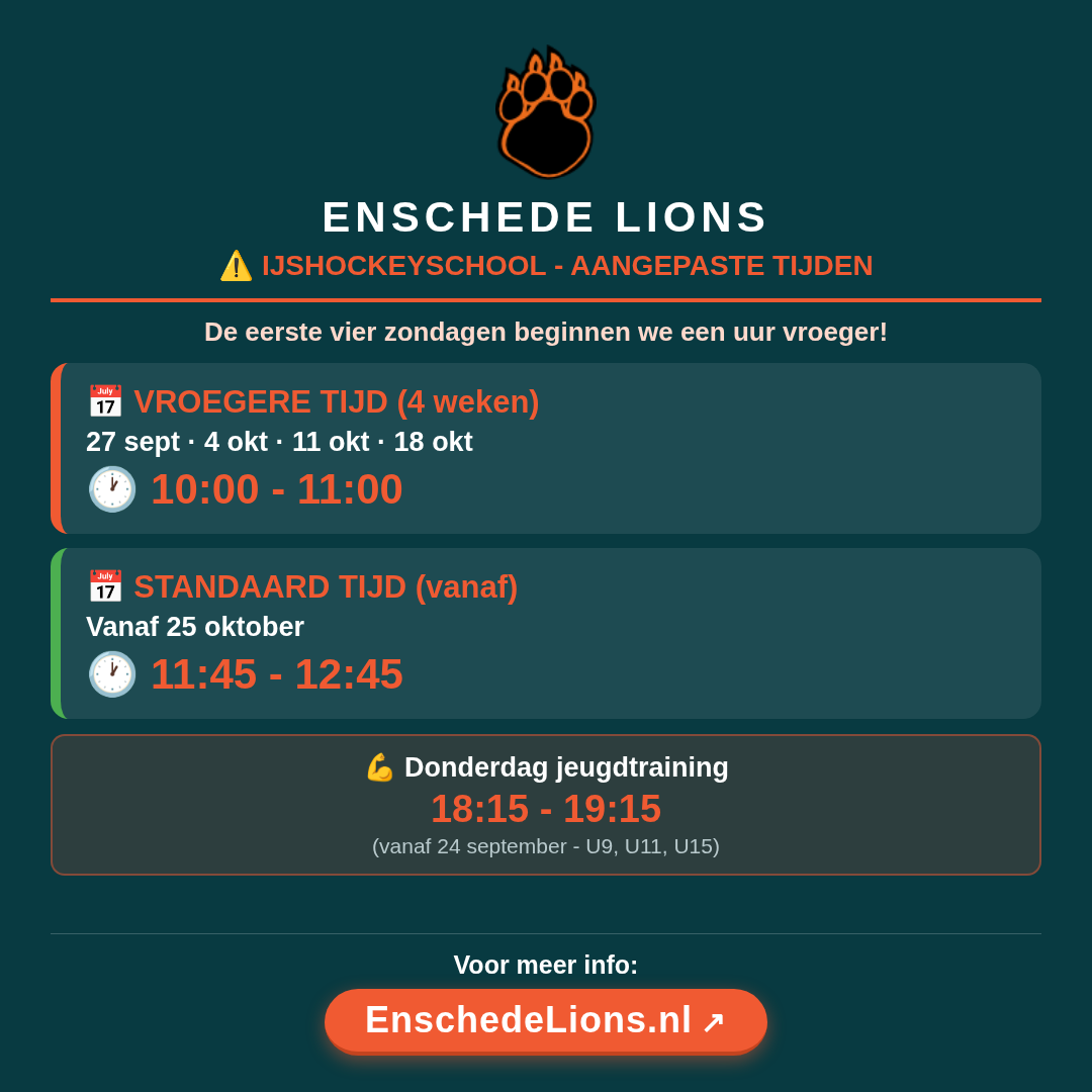 Overzicht aangepaste tijden IJshockeyschool